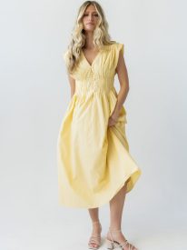 Barb Pleated Midi Dress in Yellow