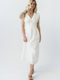 Barb Pleated Midi Dress in White