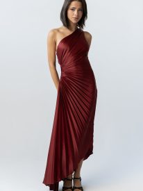 Asymmetrical Pleated Maxi Dress in Wine