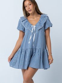 Tony Gingham Baby Doll Dress in Blue