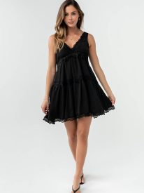 Nicerway Lace Trim Mini Dress in Black